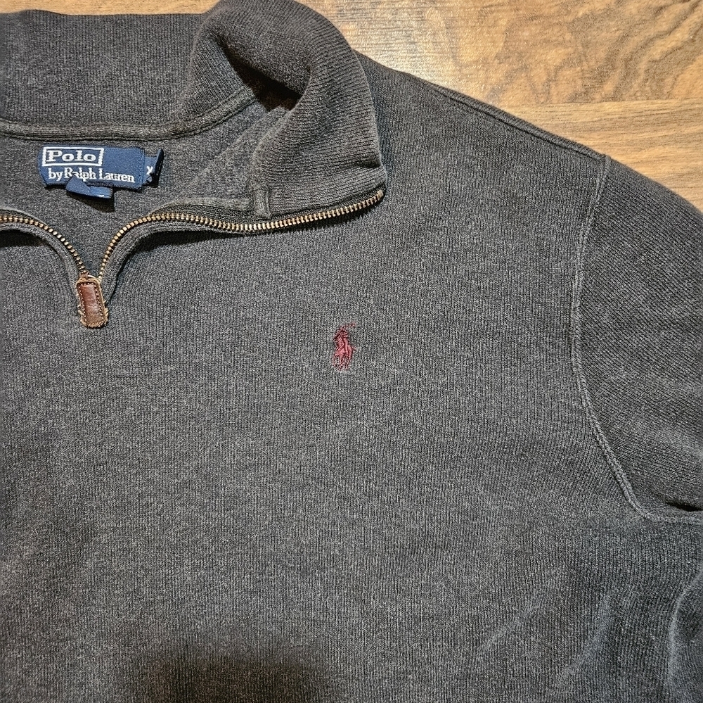 Polo Ralph Lauren 1/4 Zip Leather Pull tab Gray Long Sleeve Sweater XXL - Picture 3 of 9